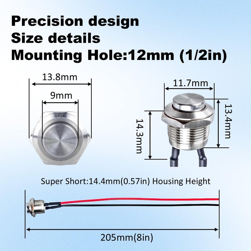 Punnzer (2-Pack) 12mm Silver Metal Waterproof Momentary Push Button Switch - IP66 Rated, 1/2" Mount Hole, 1NO Contact (0-220V) High Head - Image 3